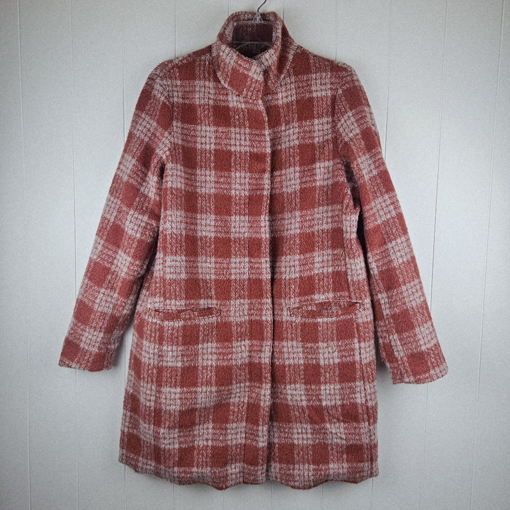 Old Navy Coat Funnel Neck Zip Up Mauve Plaid Long Lined Pockets Womens Medium
